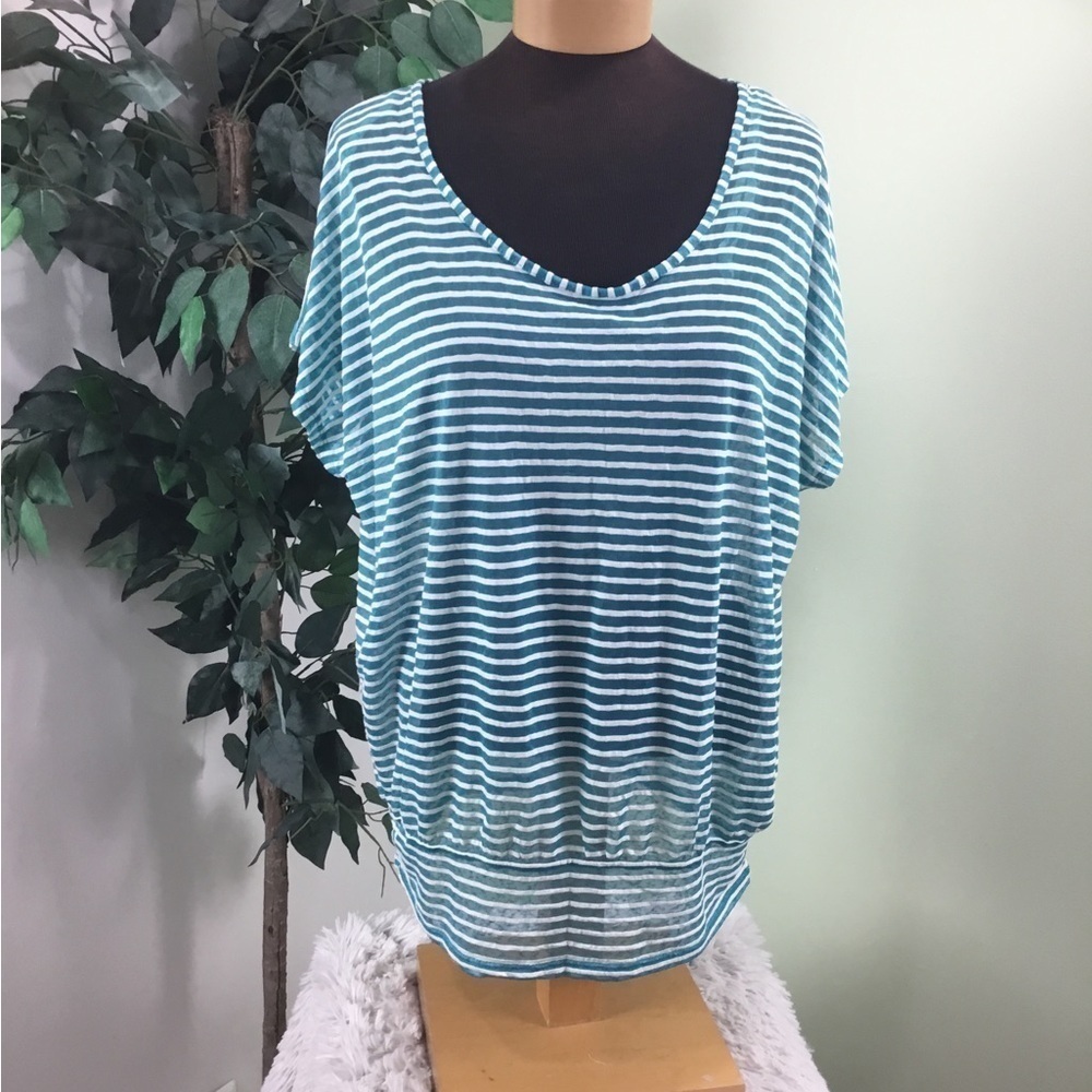Lane Bryant size 14/16 turquoise ish blue striped v neck short sleeve top